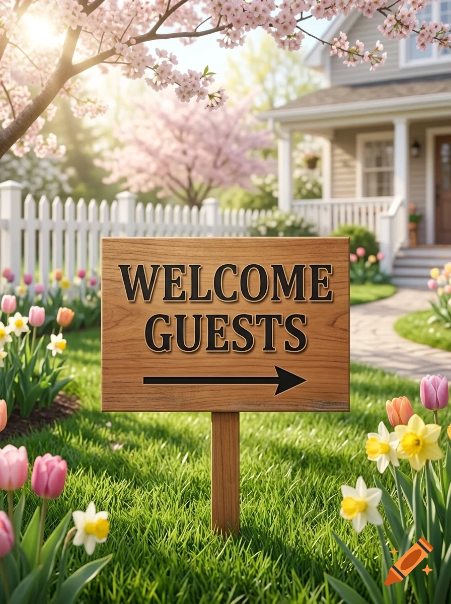 A wooden sign that reads "WELCOME GUESTS" with a right-pointing arrow stands in a blooming spring garden with colorful tulips and daffodils in front of a white picket fence and house.