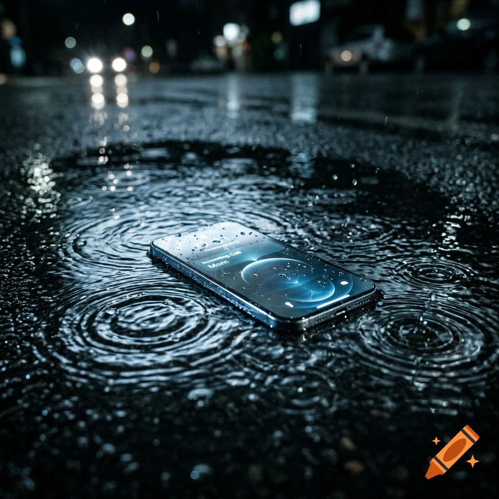 Close-up photorealistic shot of a smartphone lying in a rainy puddle on asphalt at night, screen glowing with a notification.