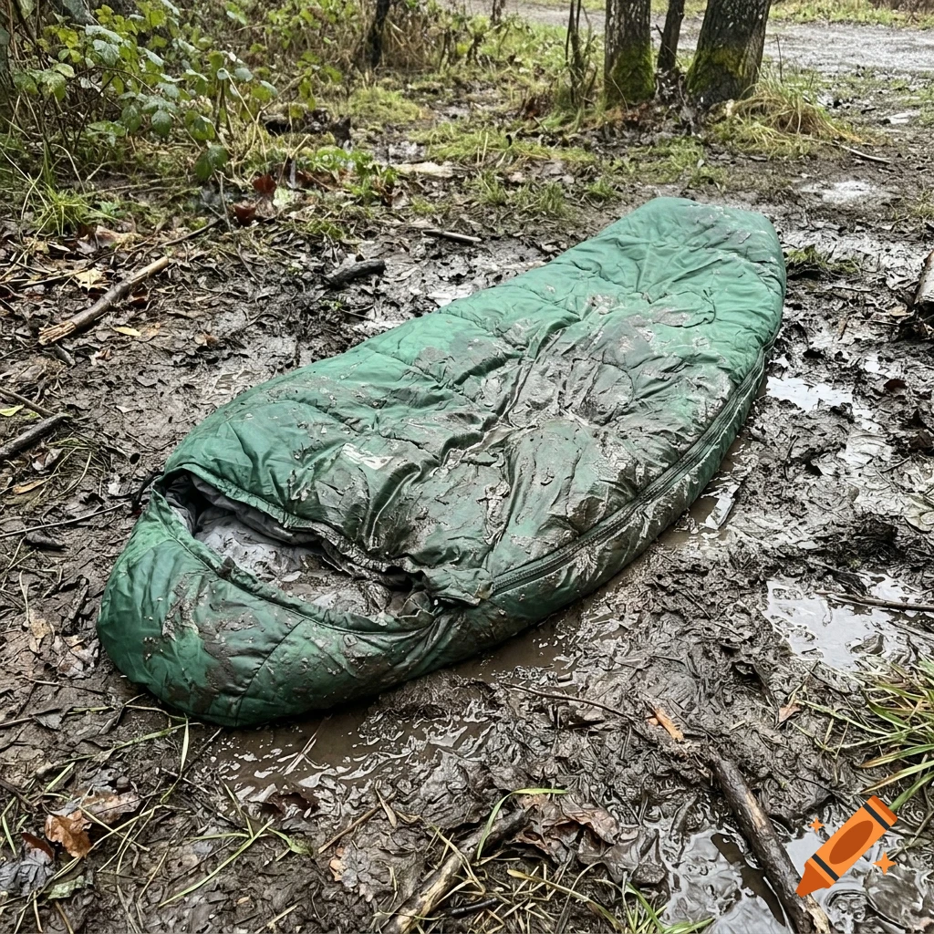 A muddy green sleeping bag lying on wet ground in a forest.