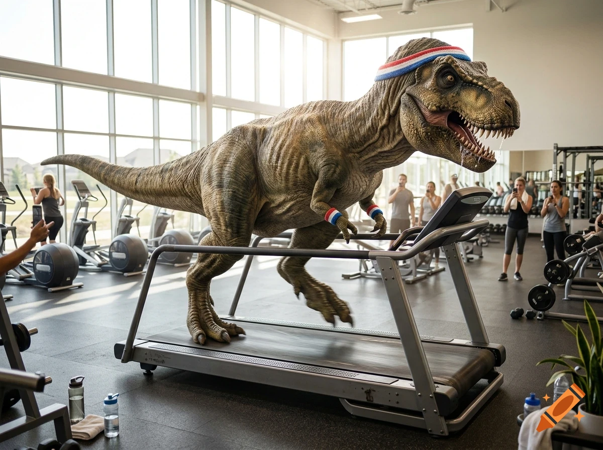 A T-Rex wearing a headband and wristbands runs on a treadmill in a gym, with people watching in the background.