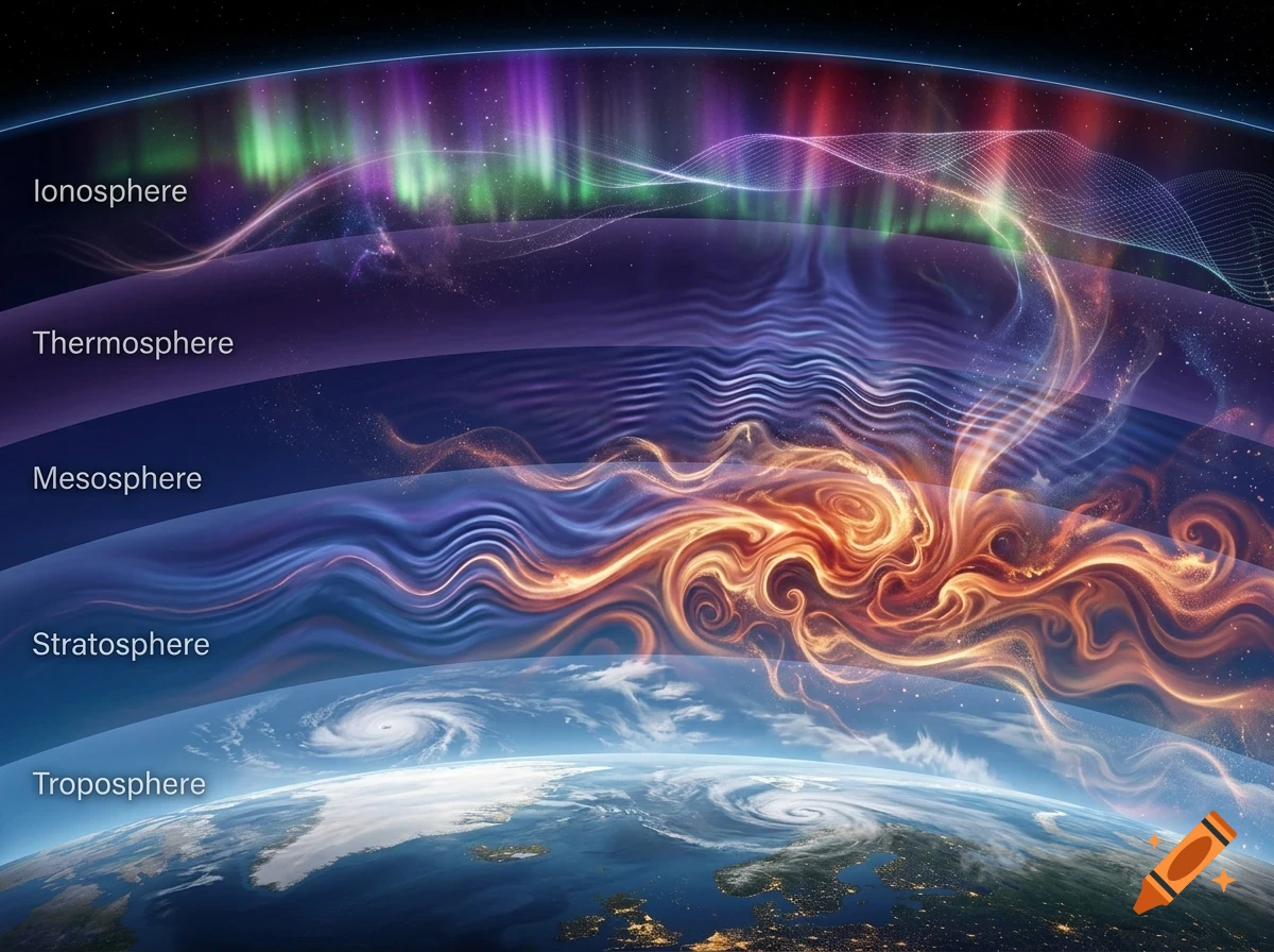 An educational diagram illustrating Earth's atmospheric layers including the troposphere, stratosphere, mesosphere, thermosphere, and ionosphere above the planet.