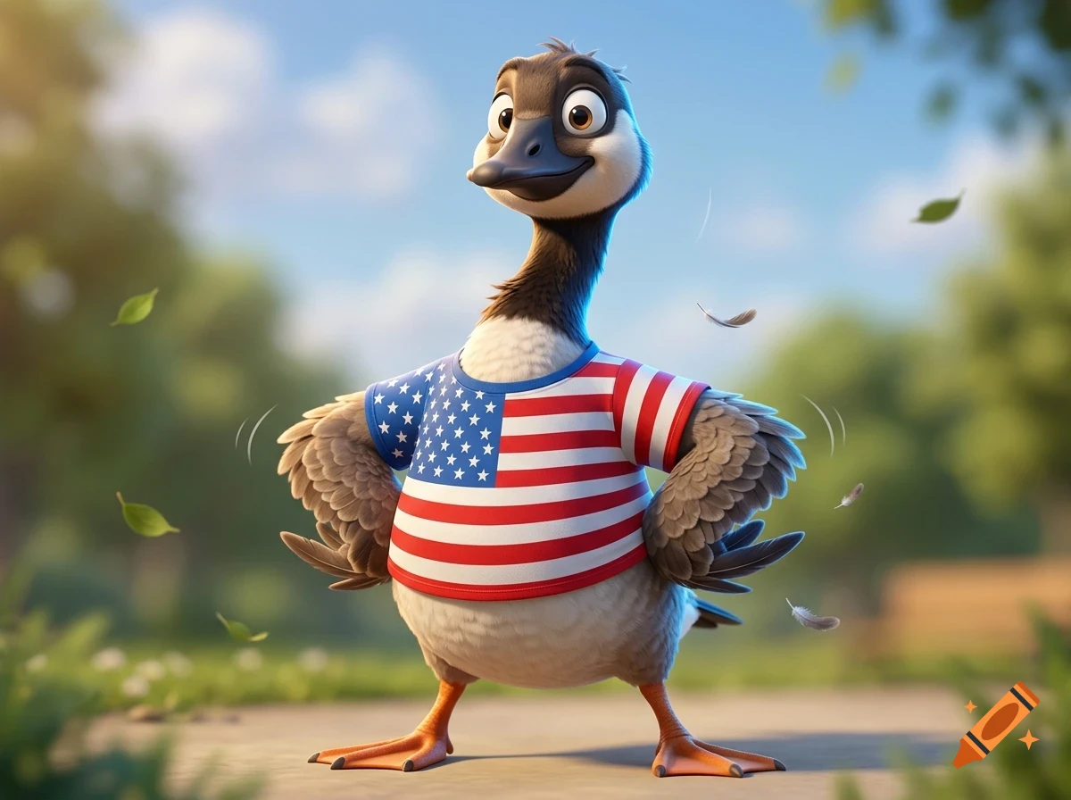 An anthropomorphic goose wearing an American flag shirt stands outdoors with hands on hips, surrounded by floating leaves.