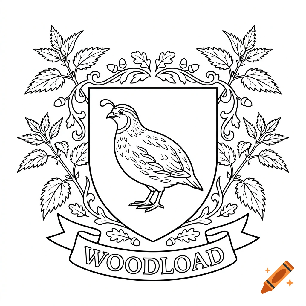 Black and white line drawing of a coat of arms featuring a quail inside a shield, surrounded by stinging nettle leaves and the word WOODLOAD below.