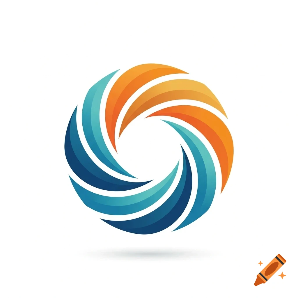 A circular logo composed of swirling, curved shapes in shades of orange, teal, and blue.