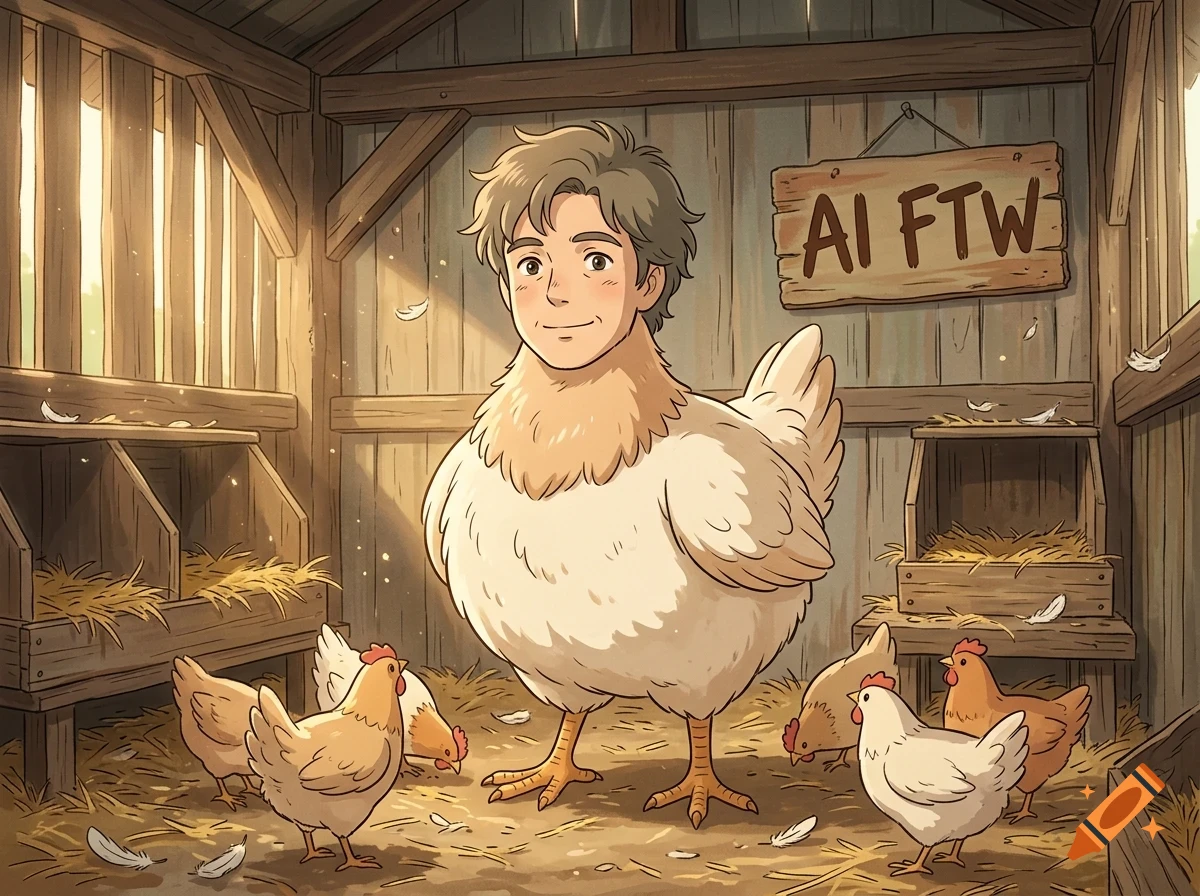 An anime-style illustration of a large white chicken standing in a wooden coop, featuring the head of a smiling human man with brown hair and a wooden sign reading 'AI FTW' on the wall behind it.