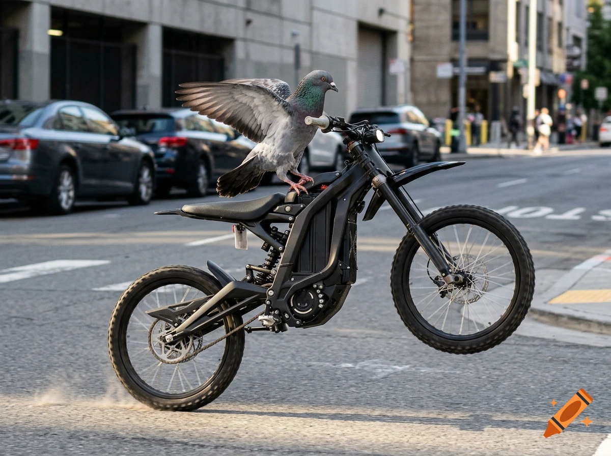 A pigeon riding a dirt bike performing a wheelie on a city street.