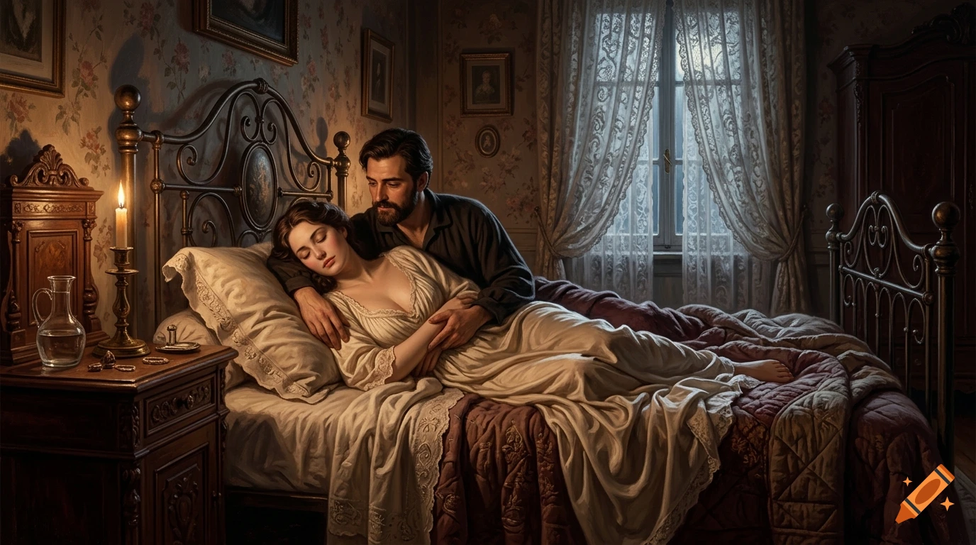 An oil painting style illustration of a man and woman resting together in a 1910s bedroom.