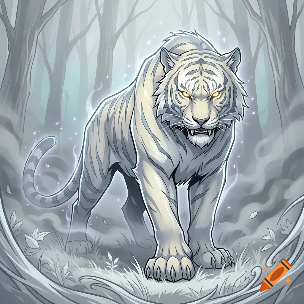 A glowing white tiger prowling through a misty forest.
