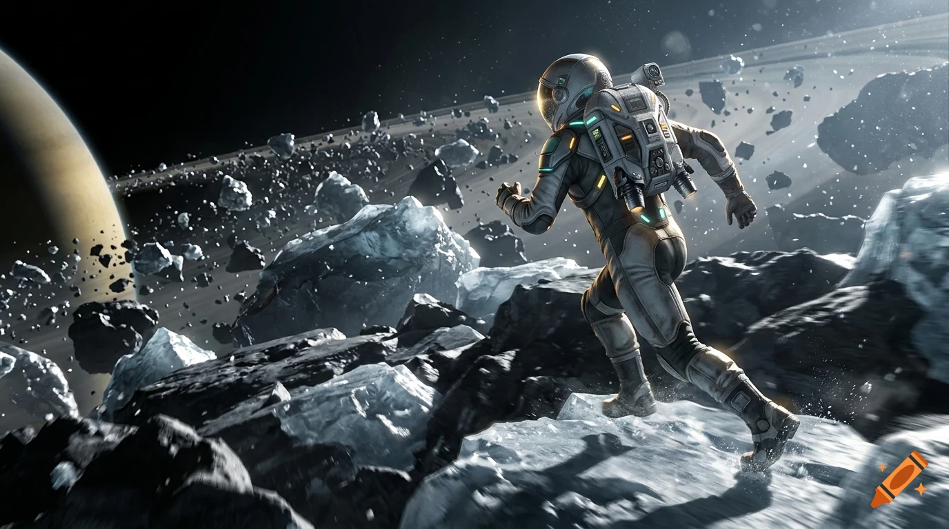 An astronaut in a spacesuit running across rocky terrain in space, with a large ringed planet and asteroid field in the background.