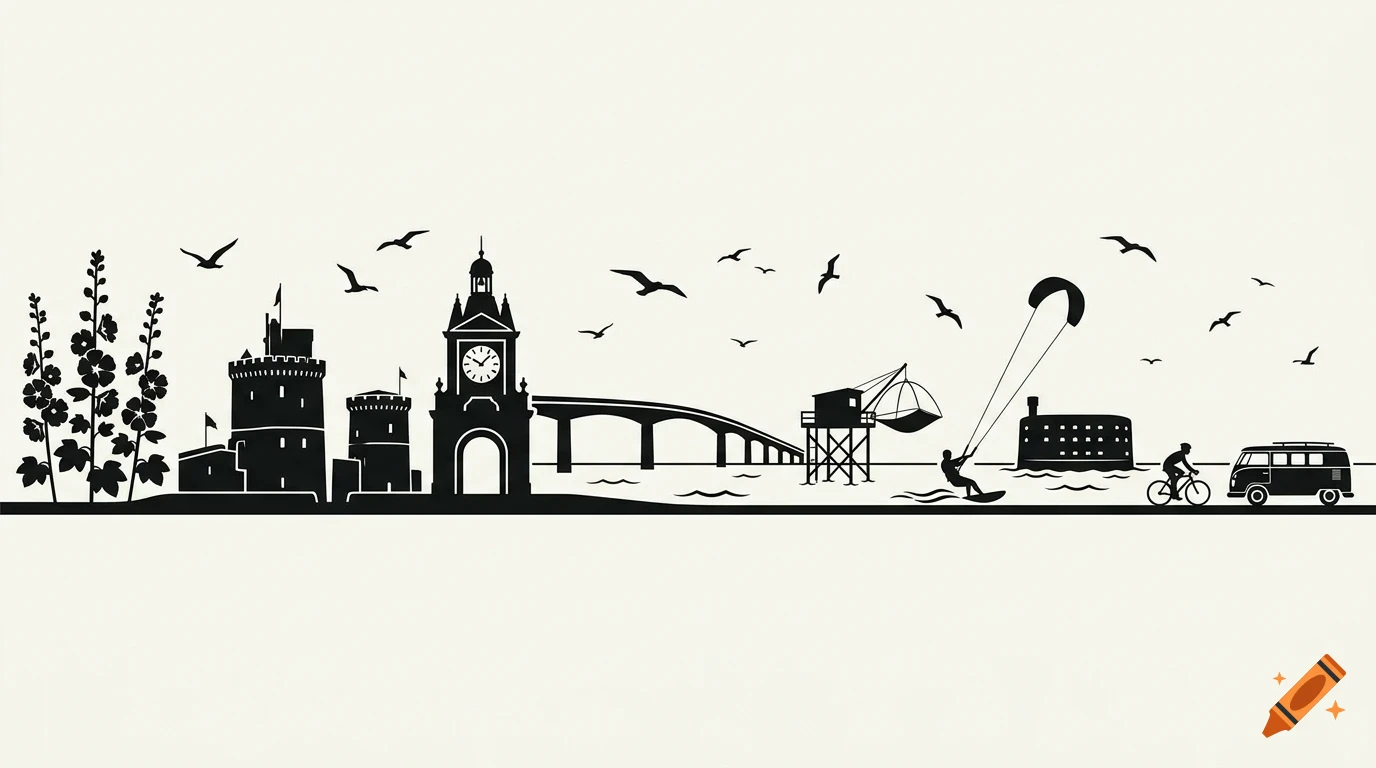 A black silhouette graphic featuring a coastal city skyline, including historic buildings, a bridge, birds flying, a kite surfer, a bicyclist, and a camper van.