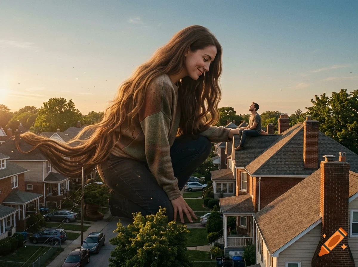 A surreal digital artwork featuring a giant smiling woman kneeling over a suburban neighborhood, reaching out to a tiny man sitting on a rooftop.