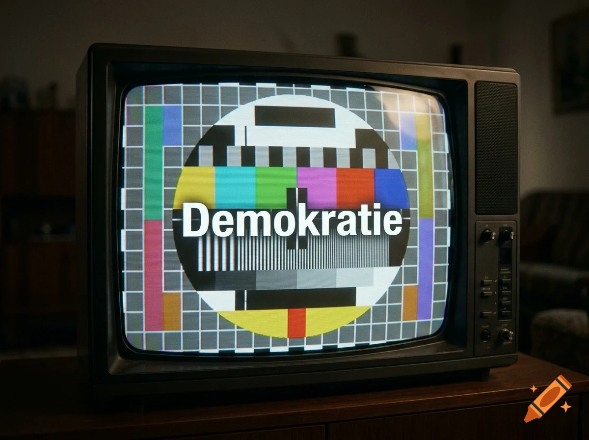 An old CRT television sitting on a wooden cabinet, displaying a color test pattern with the German word 'Demokratie' superimposed on the screen.