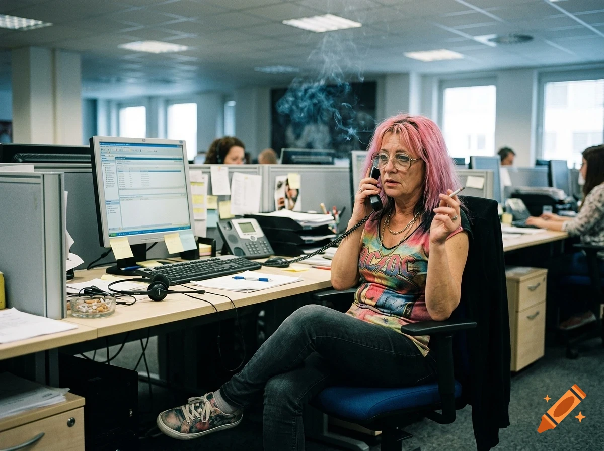 A woman with pink hair wearing glasses and a graphic t-shirt sits at an office desk, smoking a cigarette and talking on a landline telephone amidst other cubicles.