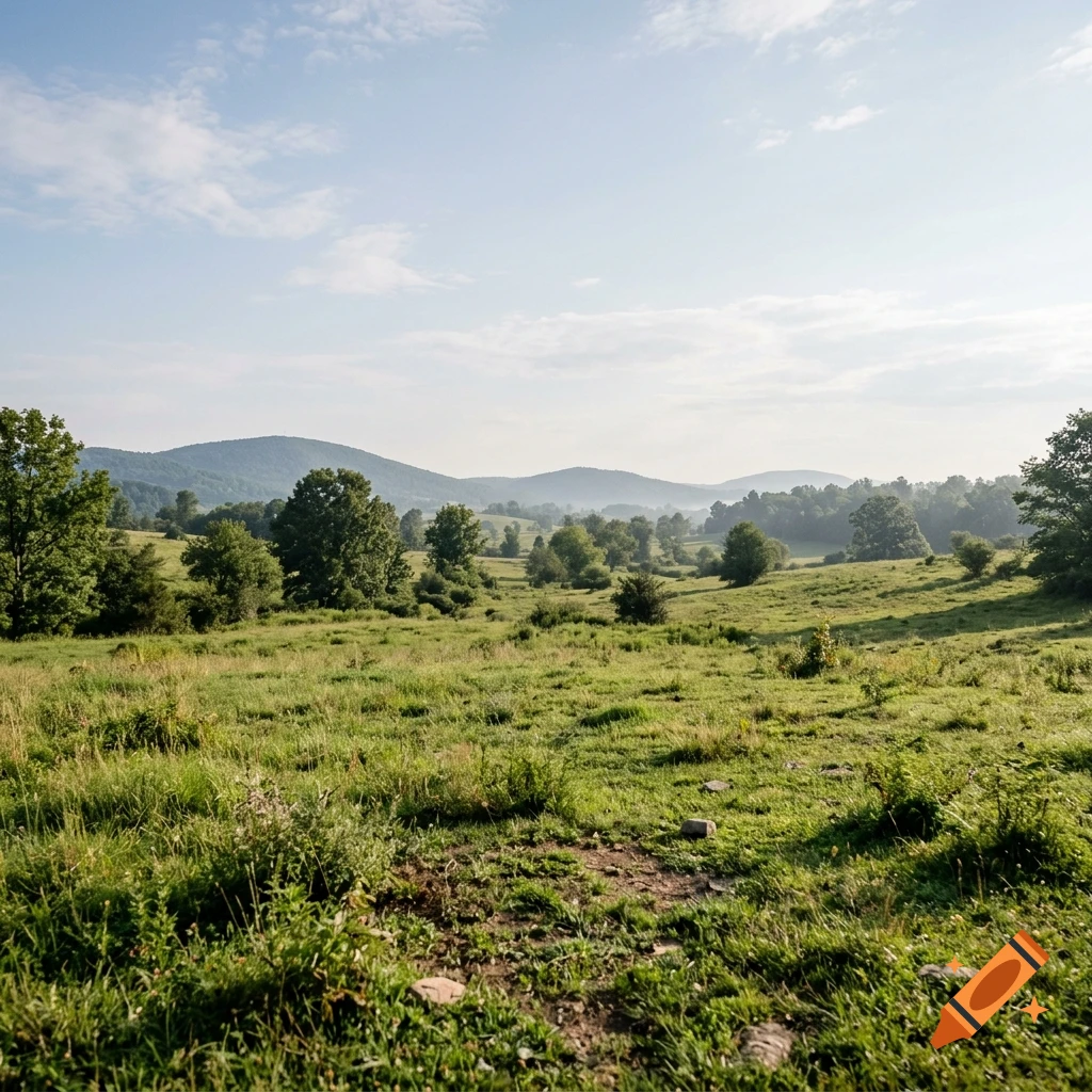 Photorealistic landscape of a grassy meadow with rolling green hills and trees under a partly cloudy sky