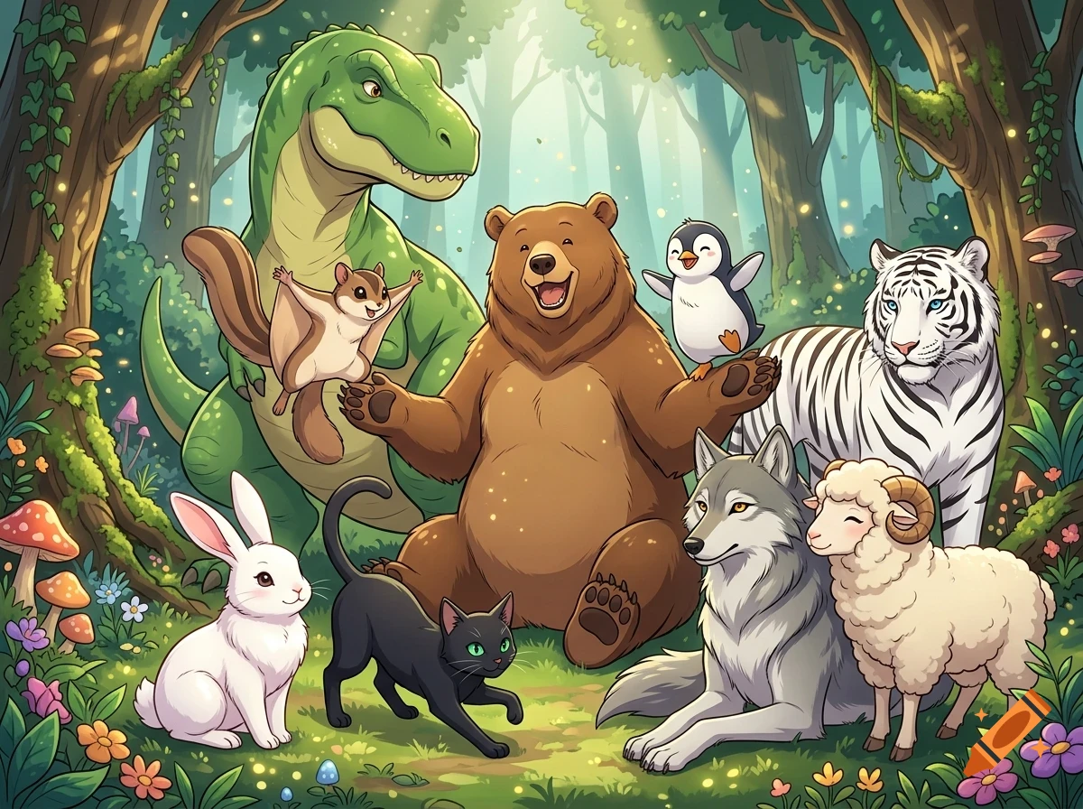 An illustrated group of friendly animals including a dinosaur, bear, tiger, wolf, sheep, cat, rabbit, penguin, and flying squirrel gathering in a lush forest.
