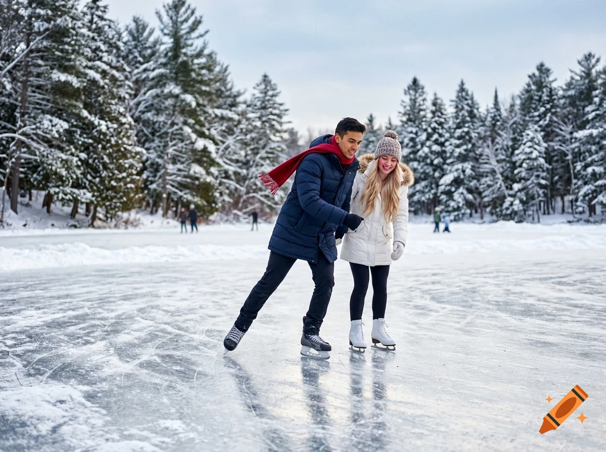A young couple ice skating together on a frozen outdoor lake surrounded by snow-covered trees.