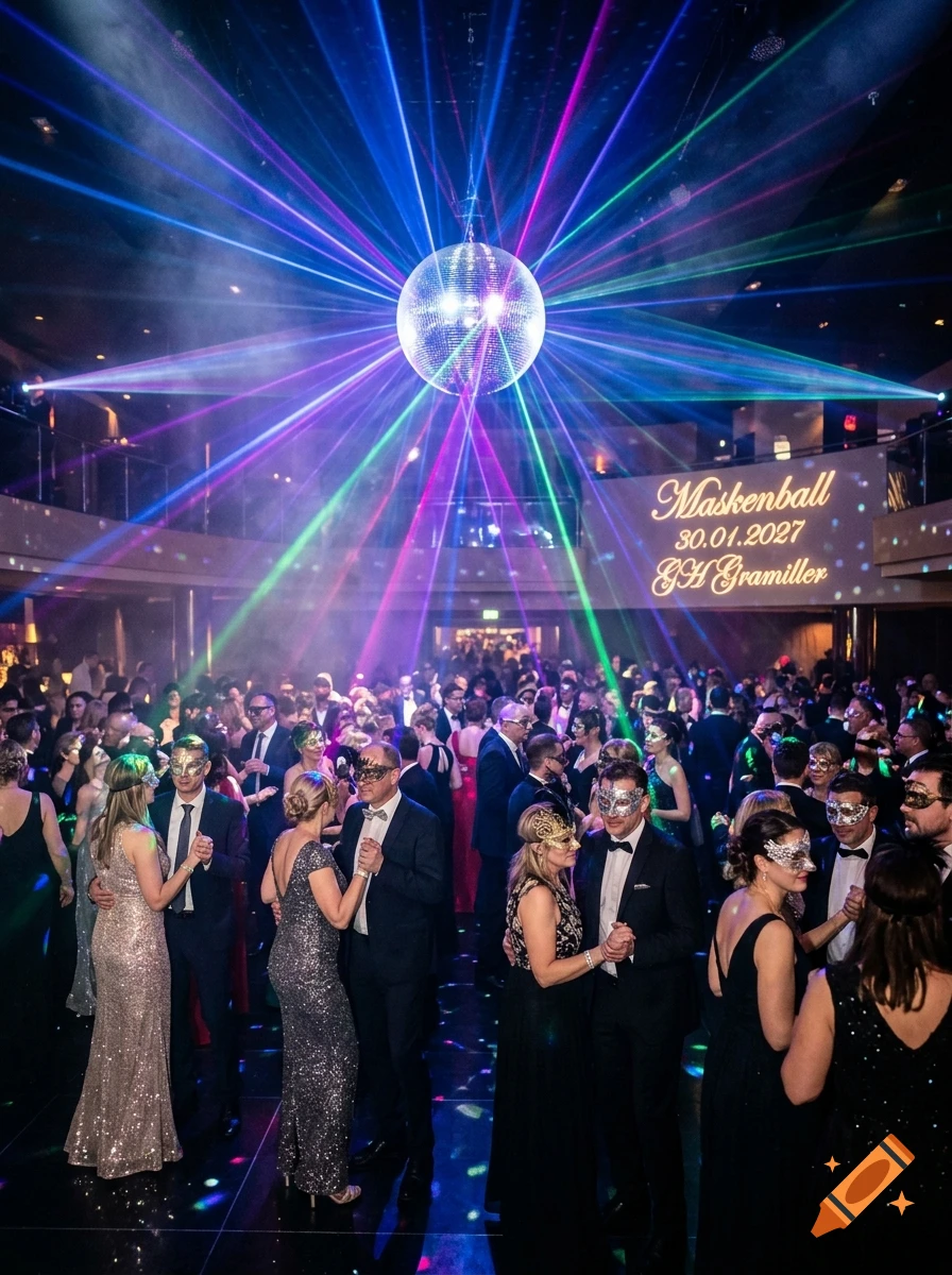 Photorealistic image of a crowded masquerade ball under a disco ball and colorful laser lights.