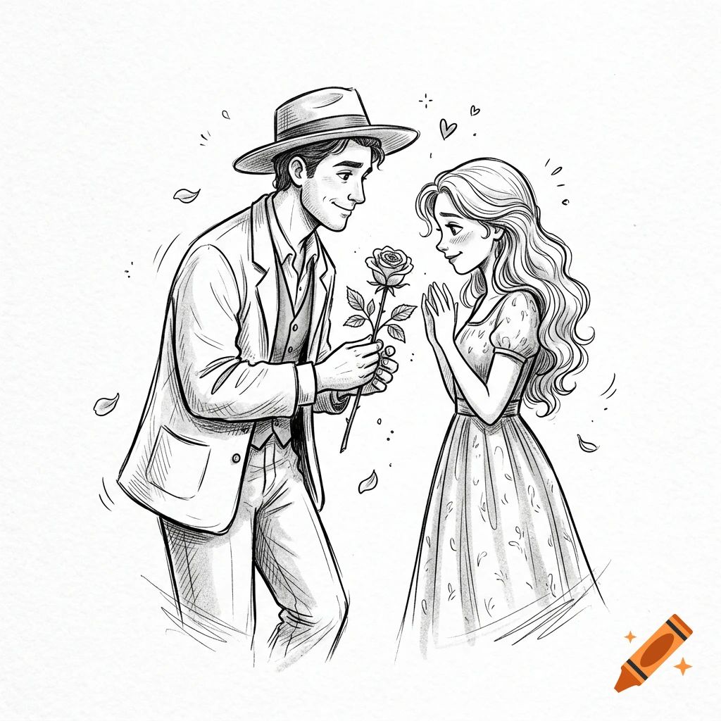 Black and white doodle of a smiling man in a wide-brim hat handing a rose to a young woman.