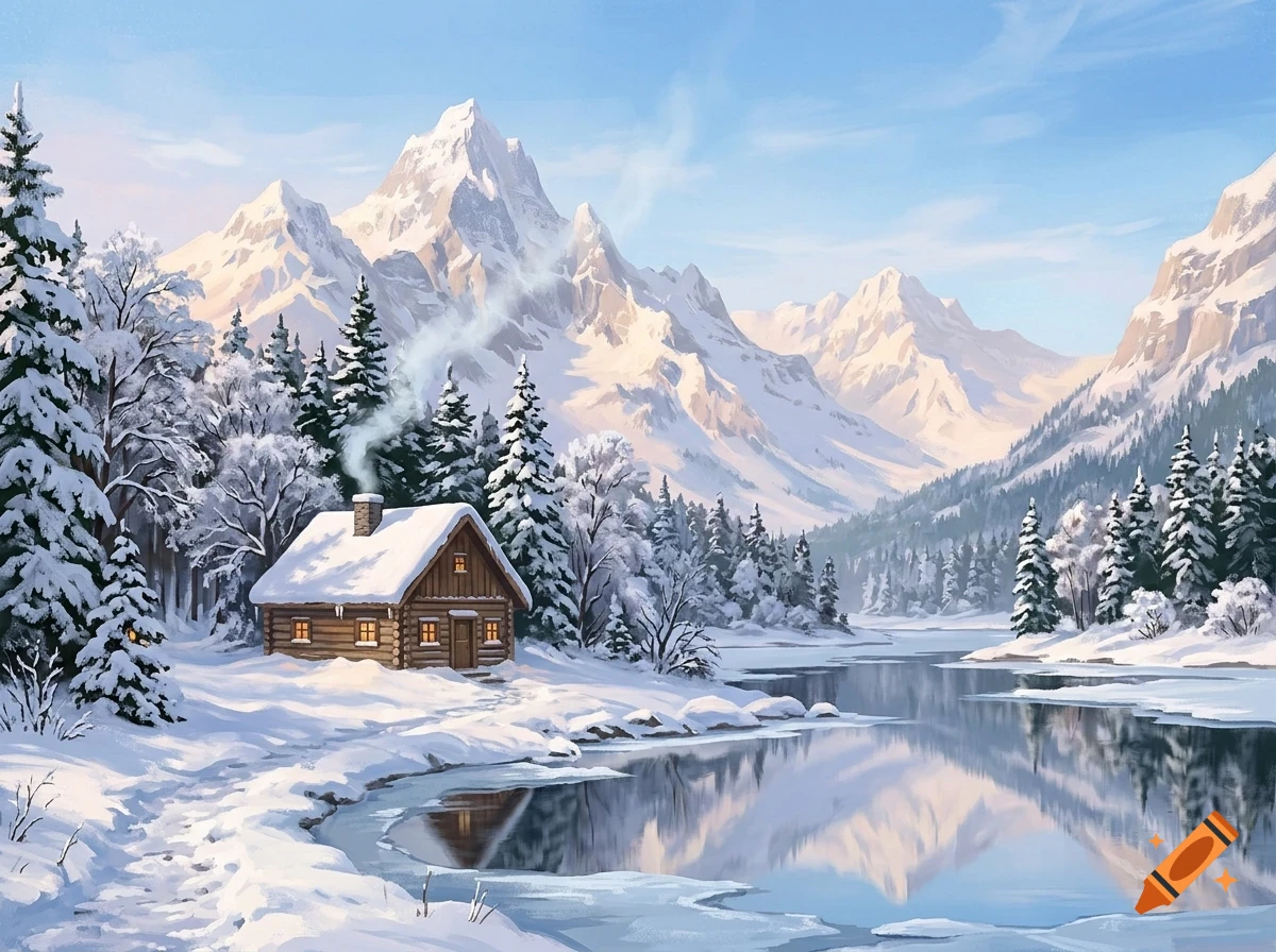 A cozy snow-covered log cabin with smoke rising from its chimney sits by a frozen river, surrounded by snow-dusted pine trees and majestic mountains under a blue sky.