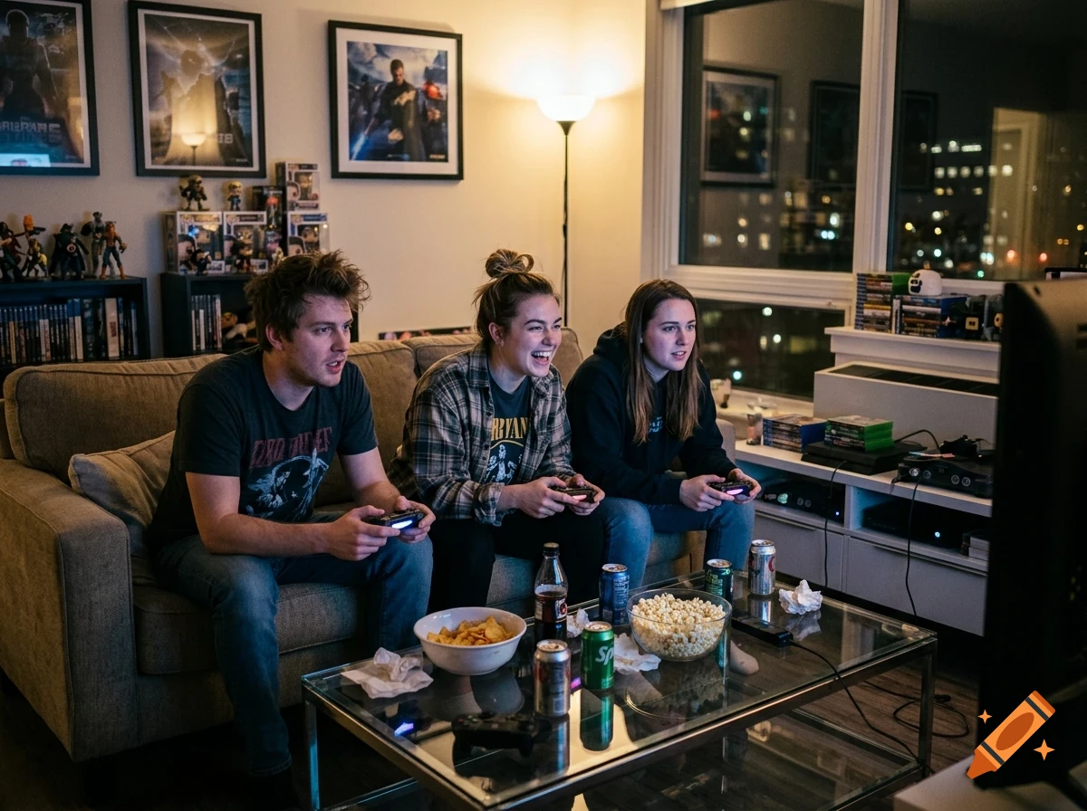 Three young friends laughing while sitting on a living room sofa and playing video games together, with snacks on a coffee table in front of them.