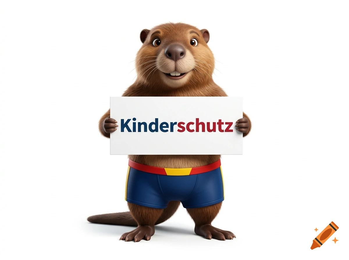 3D Pixar-style digital illustration of an anthropomorphic nutria wearing swim trunks and holding a sign that says Kinderschutz.