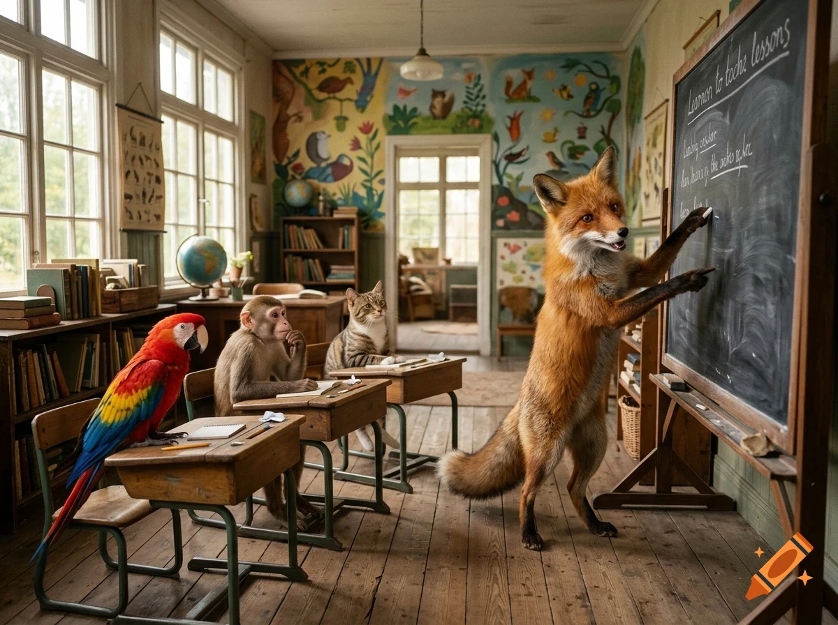 An anthropomorphic fox stands at a blackboard teaching a class of animals, including a parrot, a monkey, and a cat sitting at school desks in a vintage classroom.