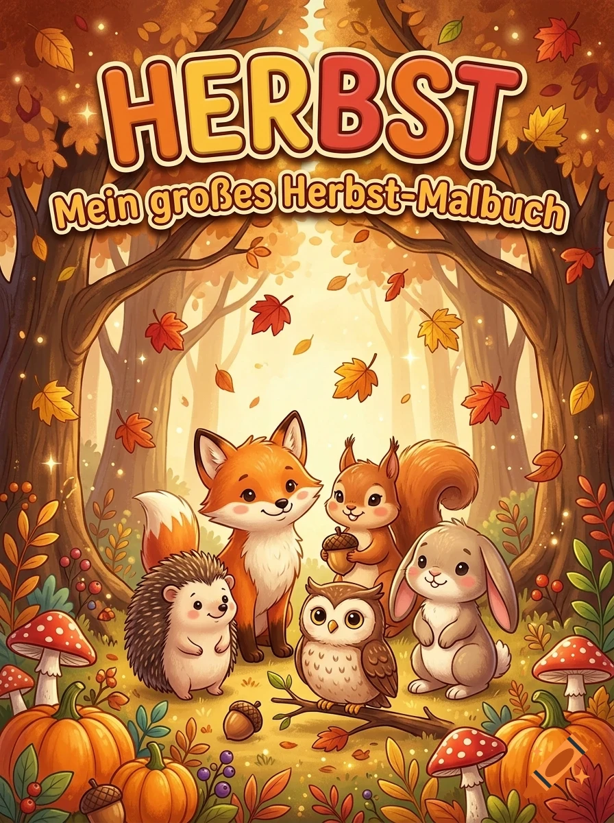 An illustration of cute autumn animals including a fox, squirrel, owl, hedgehog, and rabbit in an autumn forest with pumpkins and falling leaves, and German text at the top.