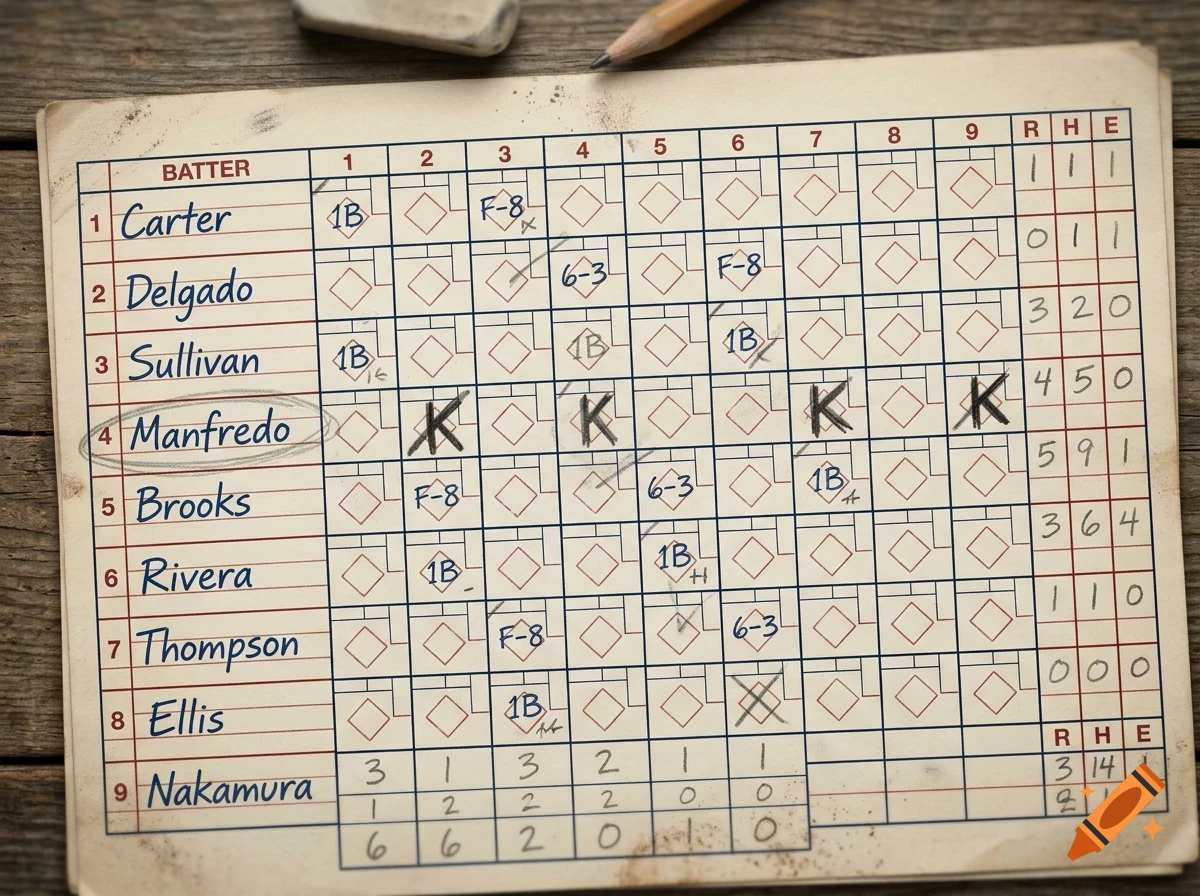 An aged baseball scorecard with handwritten names and scoring marks rests on a wooden surface.