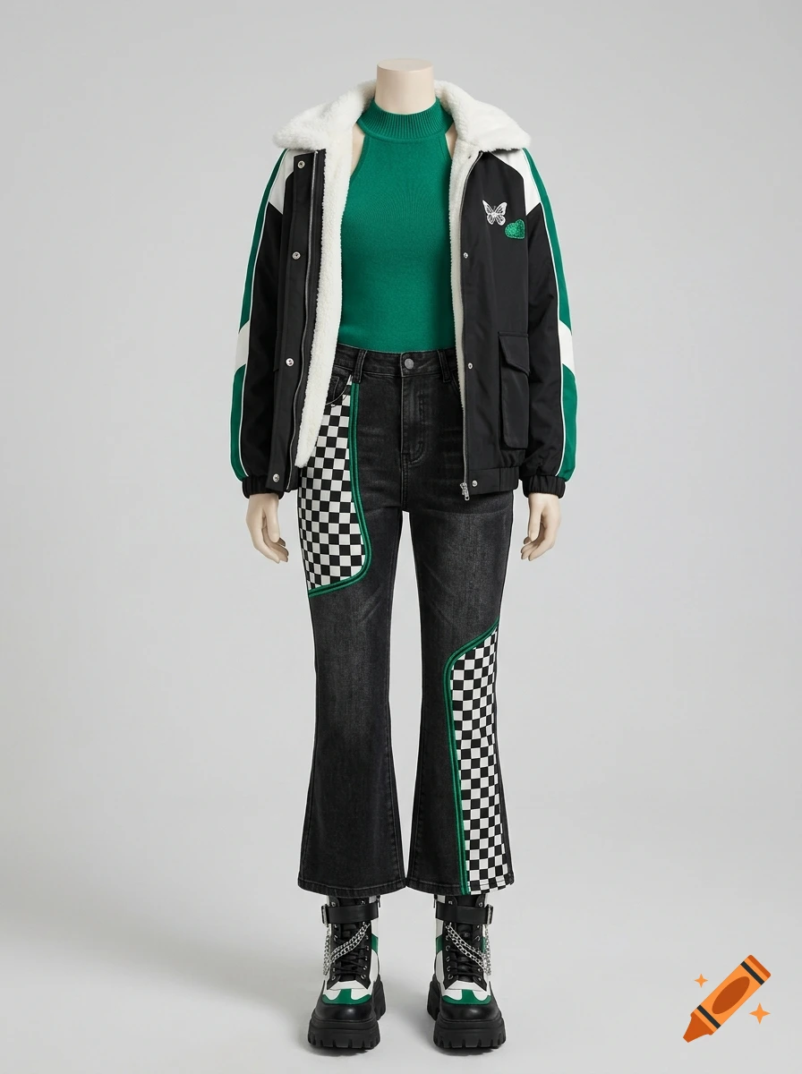 A mannequin displaying a fashionable outfit featuring a green knit top, black and green bomber jacket, checkered jeans, and platform boots.