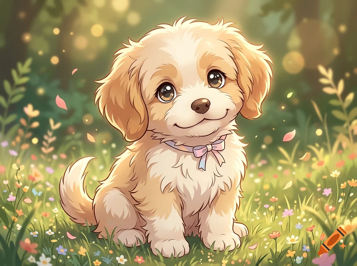 An adorable fluffy puppy with floppy ears and a pink bow collar sits happily in a sunlit meadow full of small colorful flowers.
