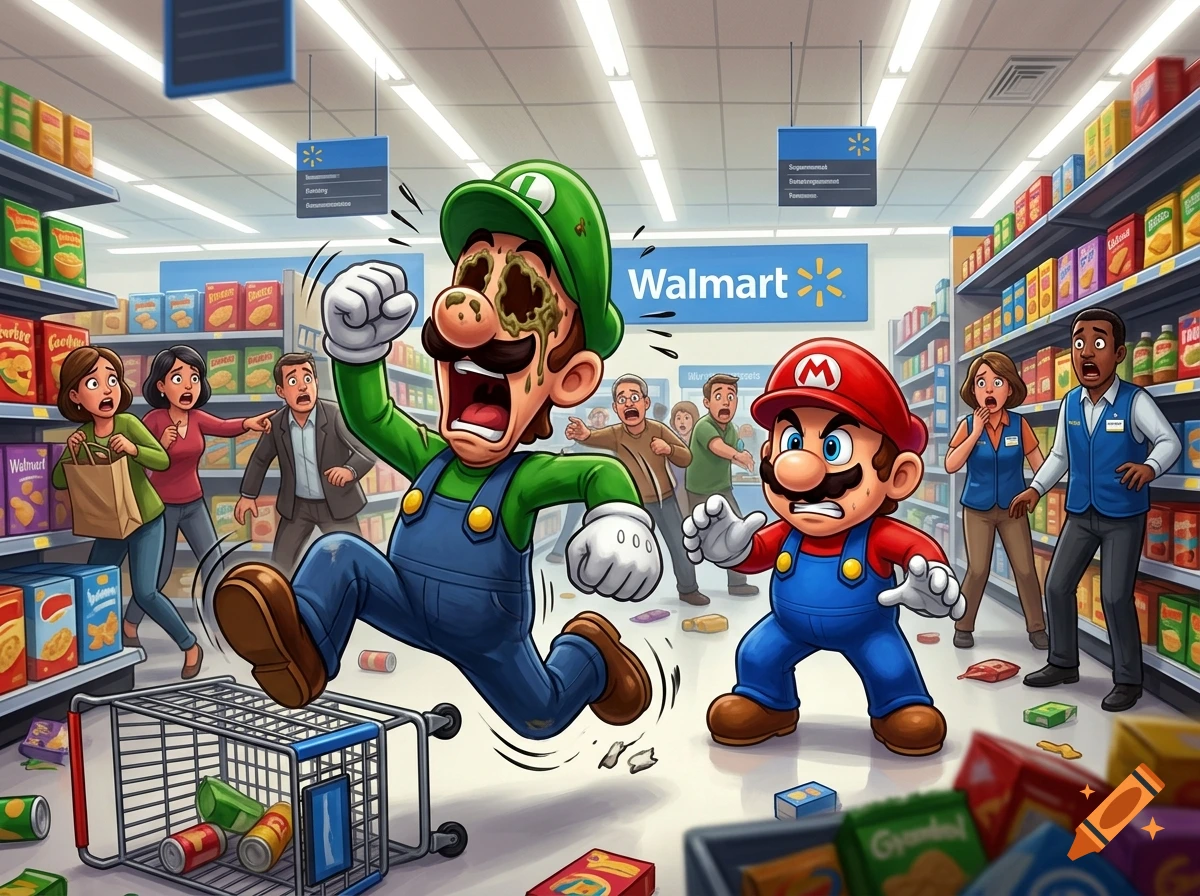 Digital illustration of Luigi screaming with mold on his eyes in a Walmart store, with an angry Mario and shocked shoppers nearby.