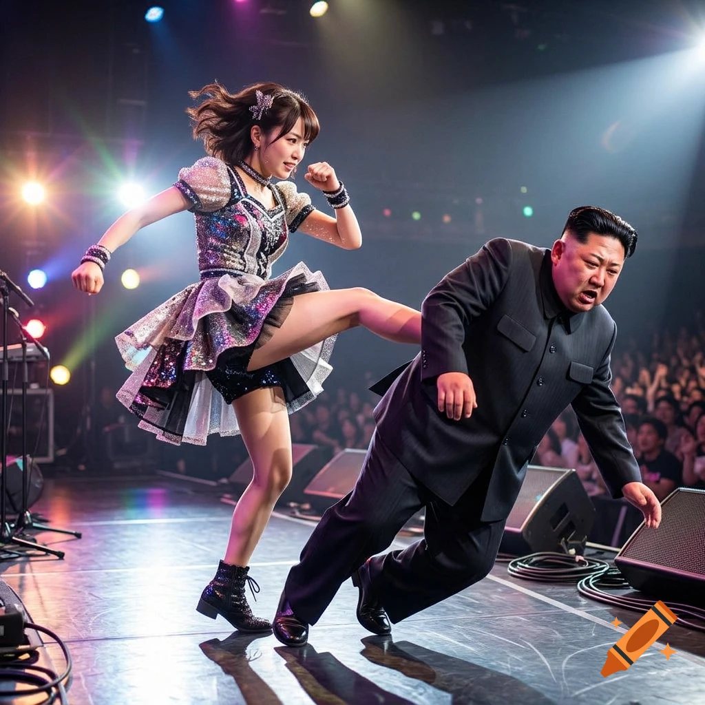 An Asian female idol in a sparkly stage outfit kicking a man resembling Kim Jong-un on stage during a concert.