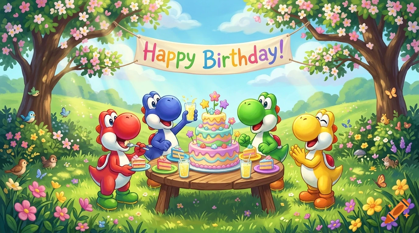 Four colorful dinosaur characters gather around a wooden table in a sunny meadow with blooming trees to celebrate a birthday with cake and drinks.
