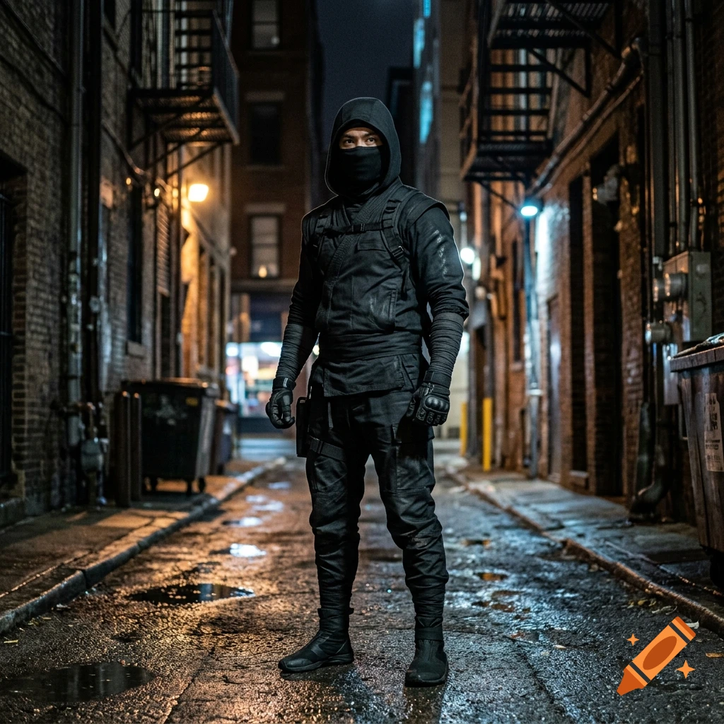 A ninja in a black tactical outfit standing in a narrow urban alleyway at night, photorealistic.