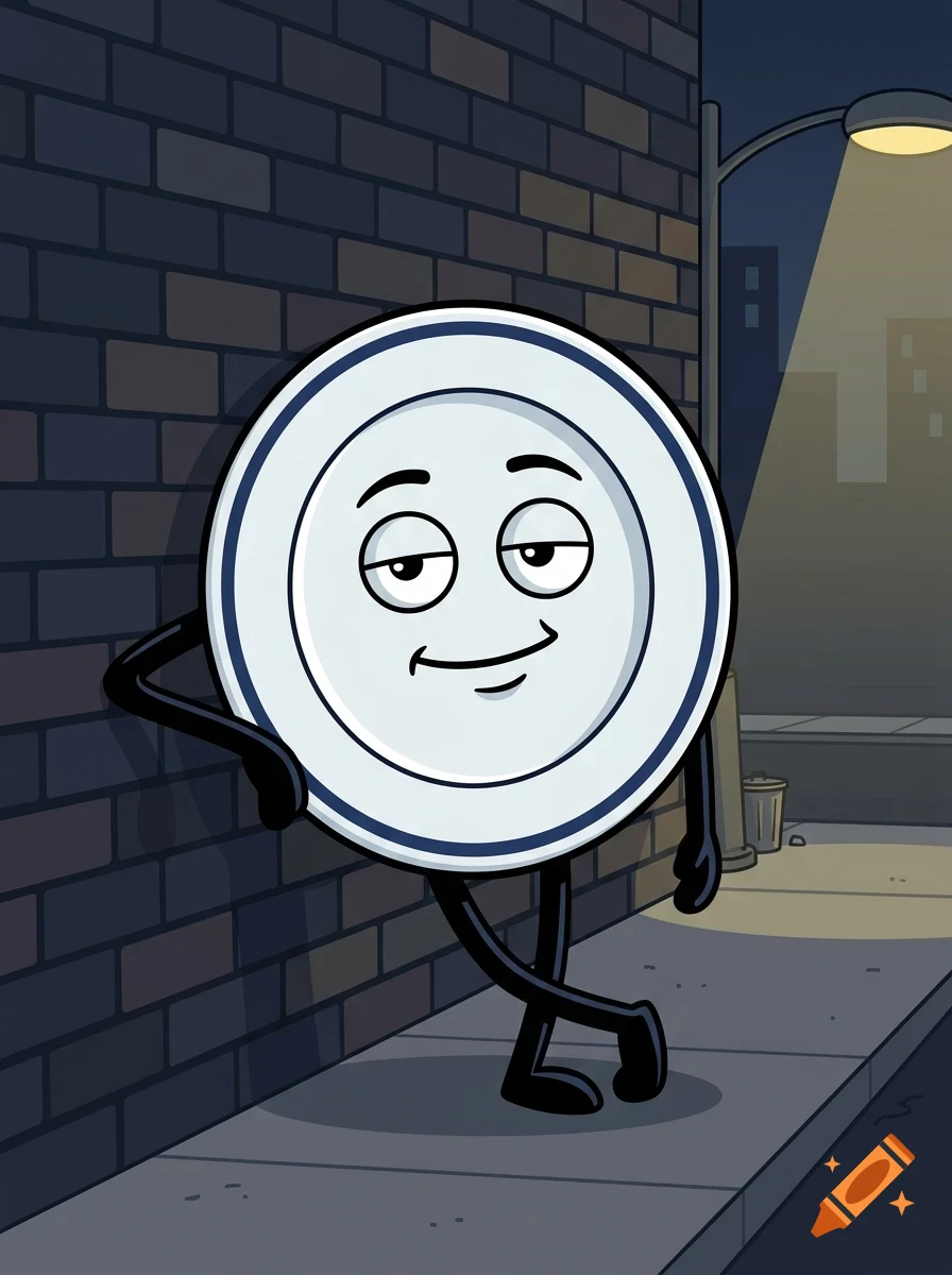 A cartoon plate with arms and legs leans casually against a brick wall on a city street at night under a streetlamp.