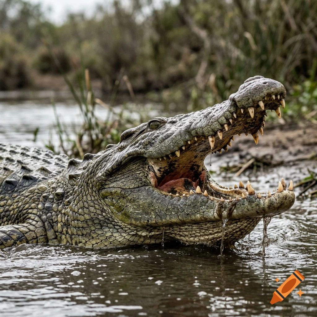 Close-up photorealistic shot of a crocodile with its mouth wide open in a swamp.