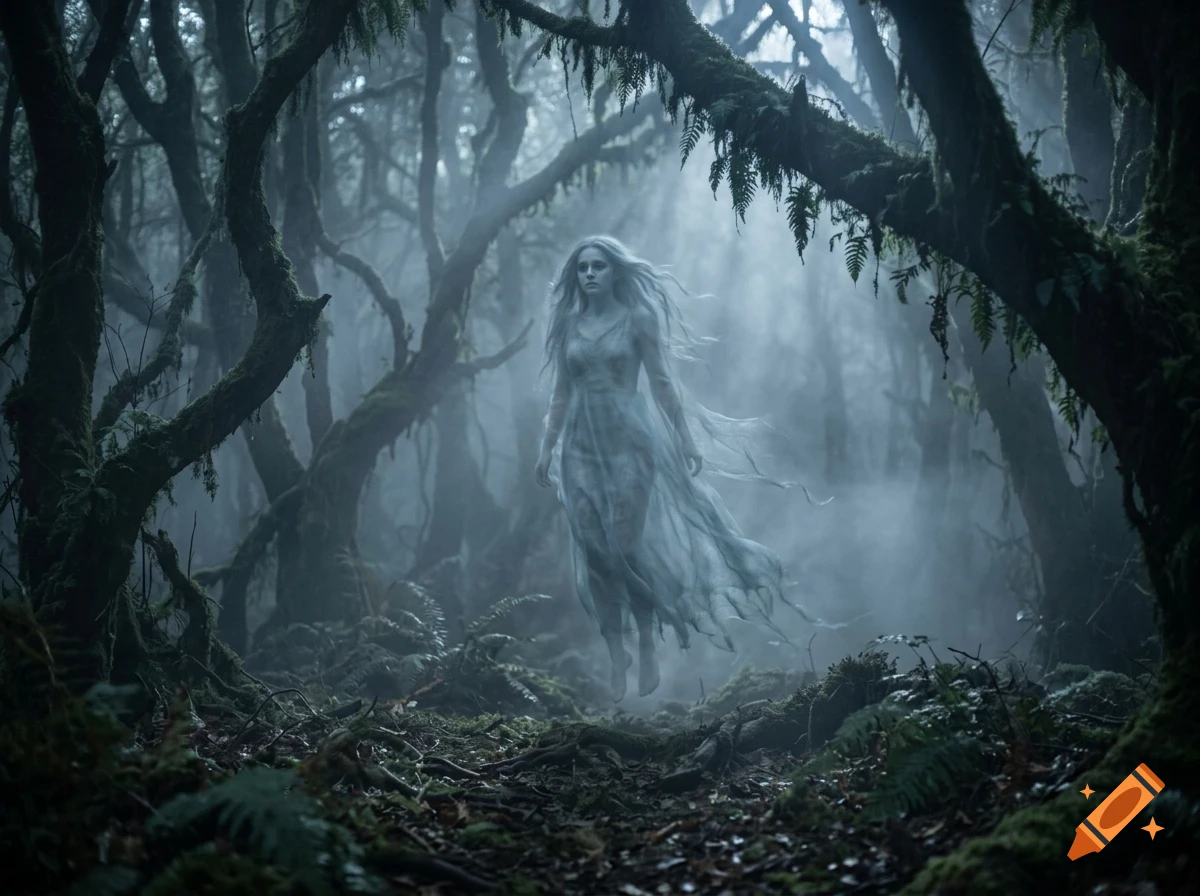A ghostly figure in a flowing dress levitates through a misty, dark forest filled with gnarled trees and ferns.