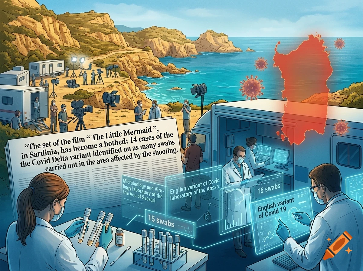 An illustration depicting medical researchers in lab coats analyzing test tubes and digital displays on a mobile laboratory set near a coastal landscape, with a news headline overlay.