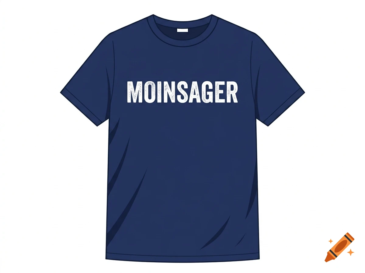 A dark blue short-sleeve t-shirt with the text MOINSAGER printed in white across the chest.