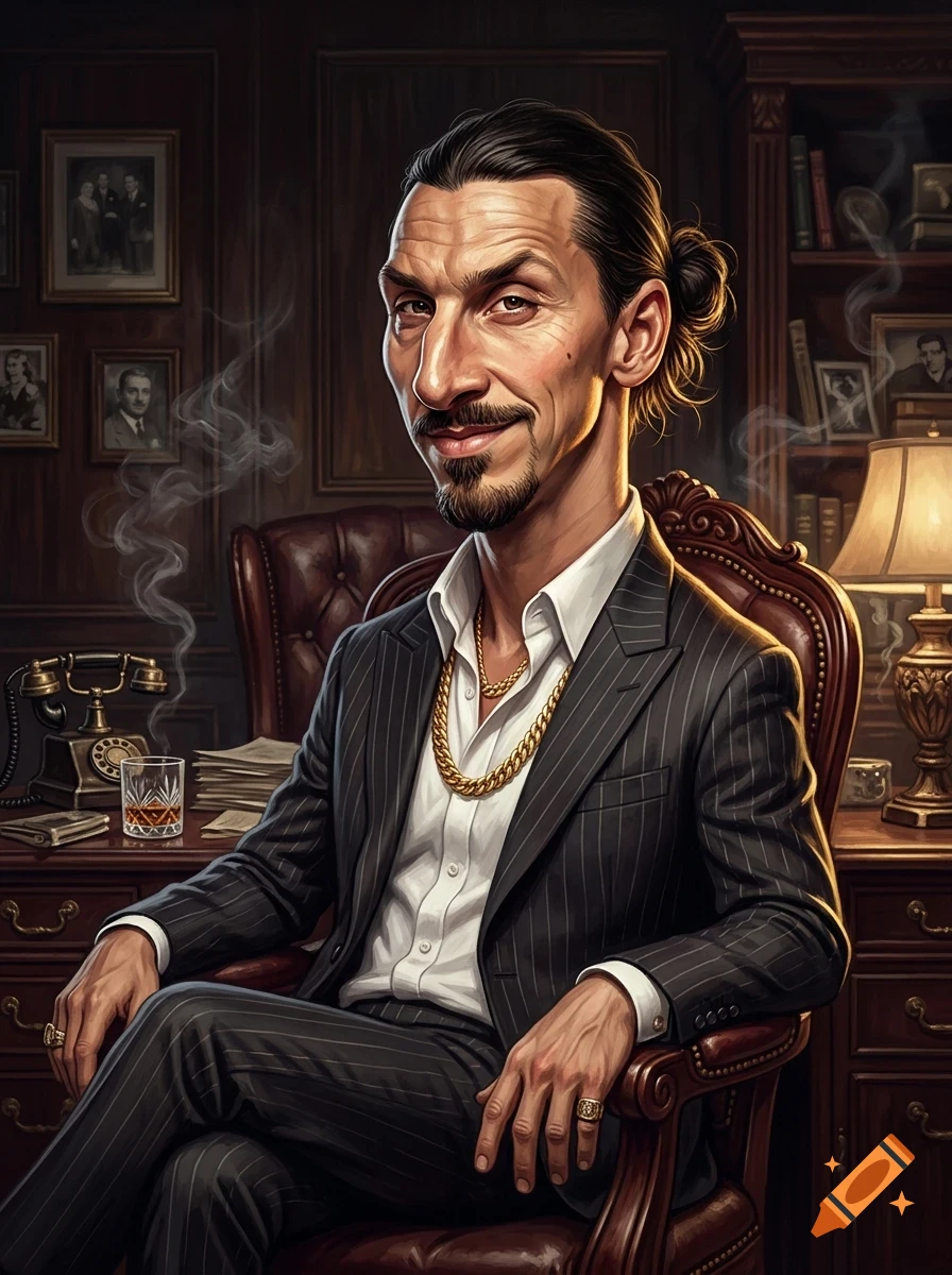 A caricature portrait of Zlatan Ibrahimović sitting in a leather chair inside a study, wearing a pinstripe suit and gold chains.