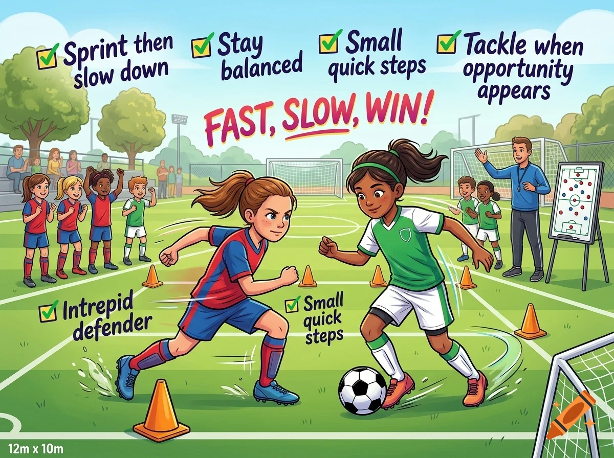 Illustration of two young soccer players practicing footwork on a field with cones, surrounded by teammates, a coach, and instructional tips.