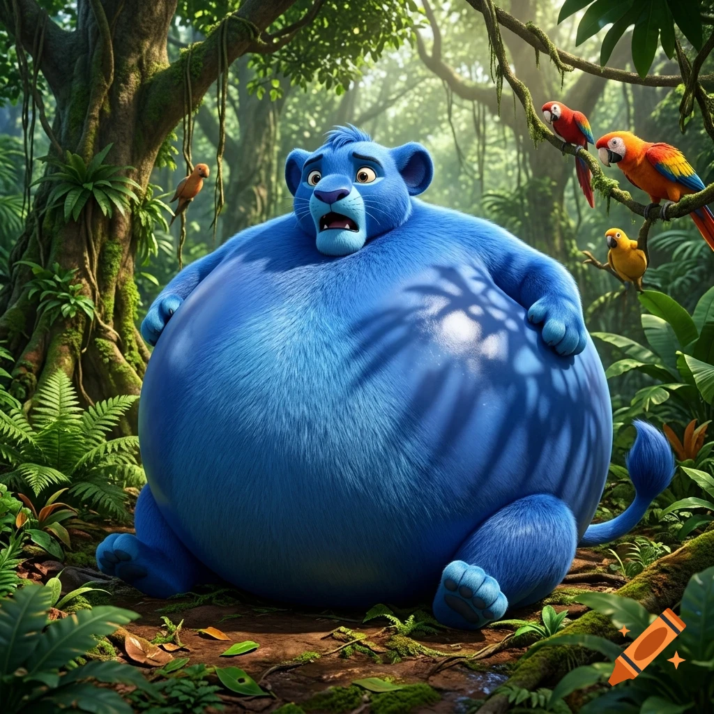 A large, round blue cat-like creature with a worried expression sits in a lush green jungle, surrounded by trees, ferns, and colorful parrots.