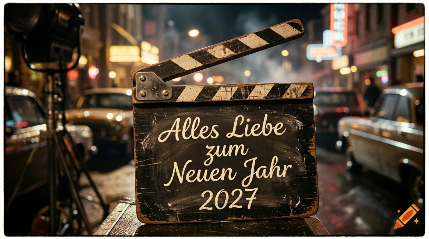 Close-up of a vintage film clapperboard with chalk text 'Alles Liebe zum Neuen Jahr 2027', set against a blurred 1960s street at night.