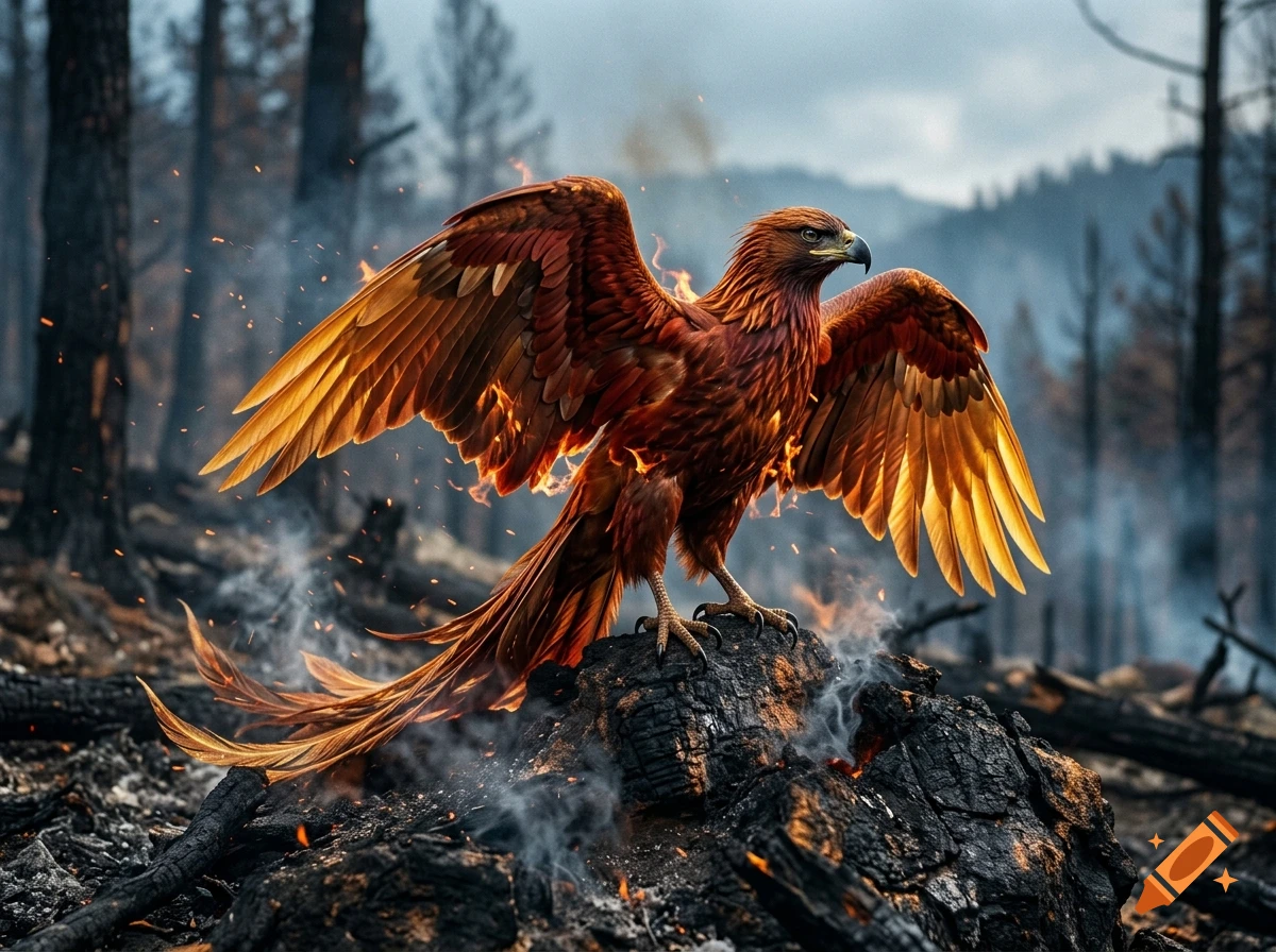 A majestic eagle-like phoenix with fiery wings stands atop a charred log in a smoky, burned forest, surrounded by glowing embers.