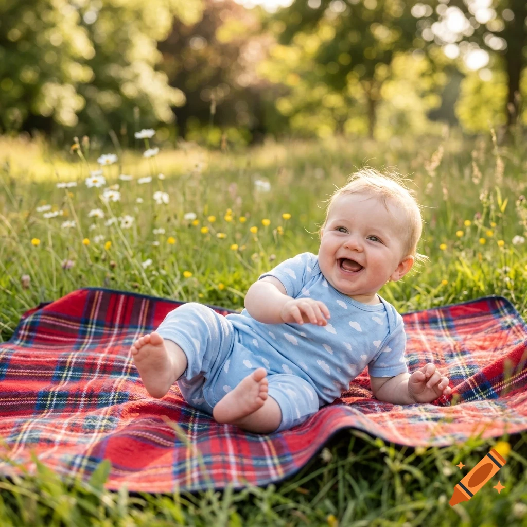 A happy baby lying on a red plaid blanket spread out in a grassy meadow.