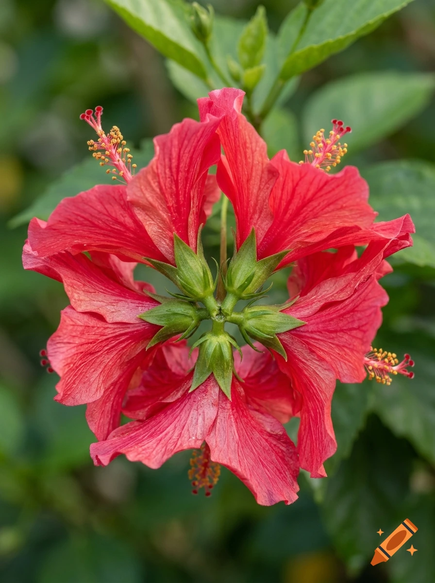 Close-up photorealistic image of red hibiscus flowers symmetrically joined together.