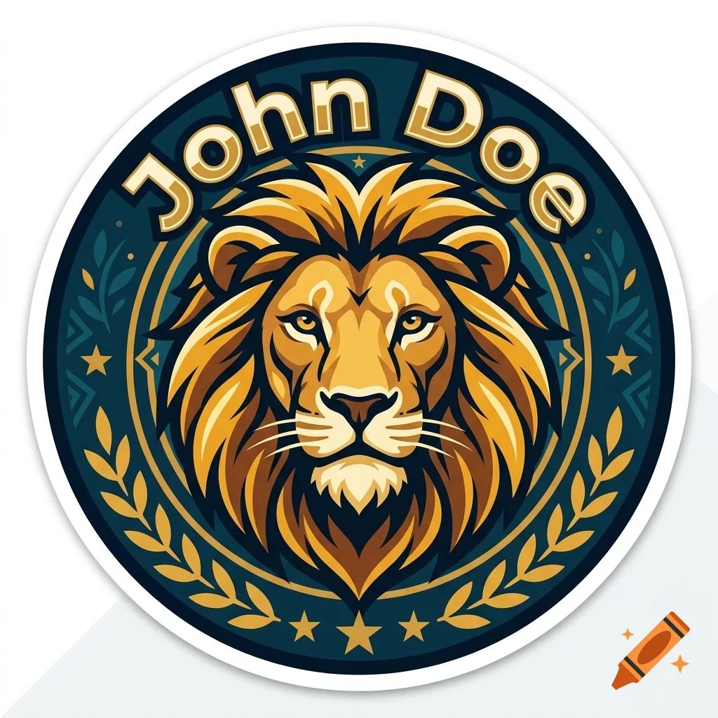 A circular logo featuring a stylized lion head in the center, framed by gold leaves, stars, and the text John Doe arched at the top.