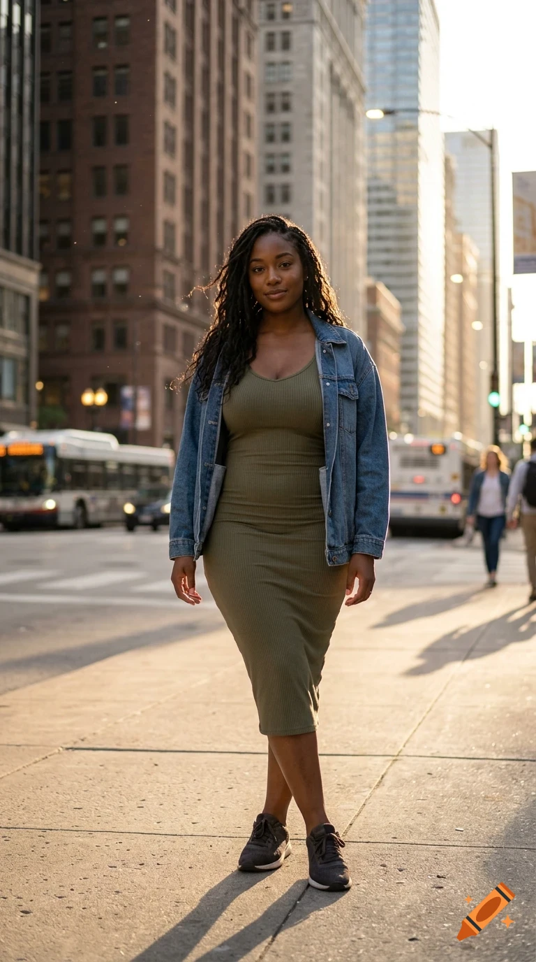 A portrait of a woman standing on a city sidewalk wearing an olive green dress and a denim jacket, with urban buildings and traffic in the background.