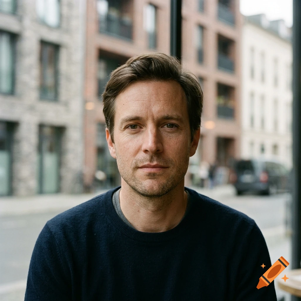 Photorealistic portrait of a 36-year-old man standing in front of a European street with brick buildings.