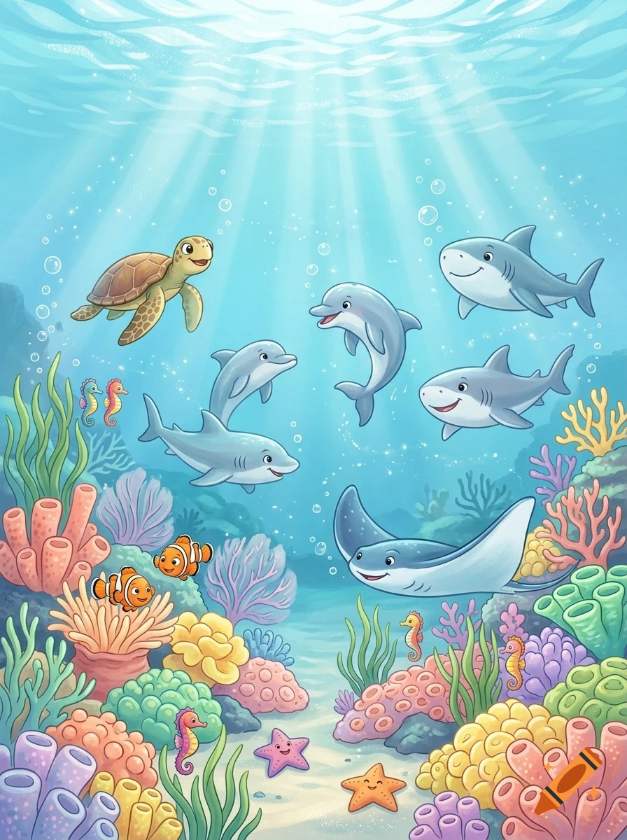 An underwater scene with friendly cartoon sea life including sharks, dolphins, a sea turtle, clownfish, seahorses, and coral reef elements.